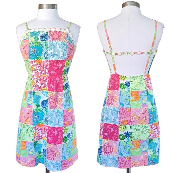 Lilly Pulitzer White Label Multi-Party Patchwork Mini Sun Dress Size 4 Open Back - Picture 1 of 13